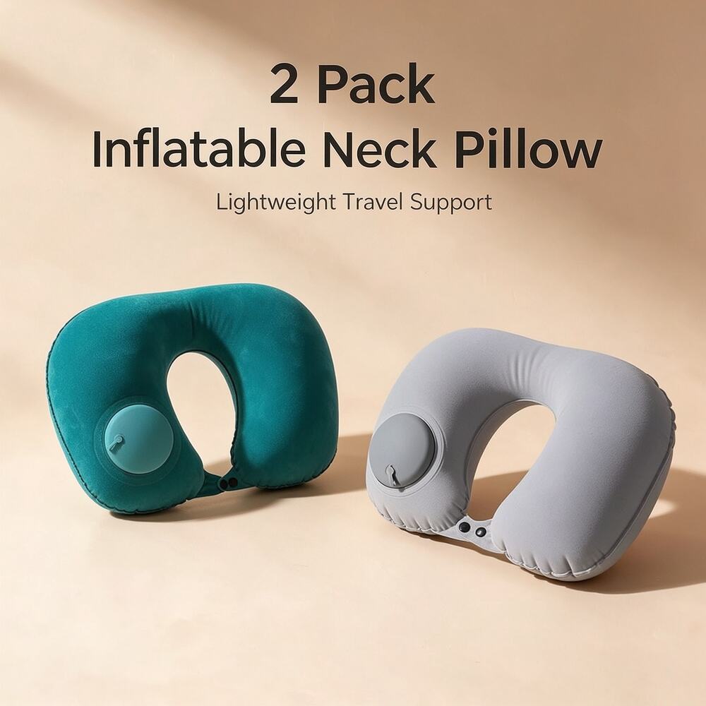 2‑Pack: Gray & Blue Press Inflatable U‑Shaped Travel Neck Pillow